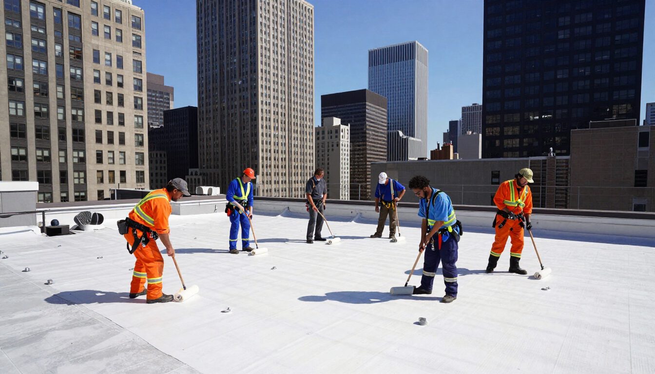 Roofing and waterproofing crew working on a commercial building roof in New York City