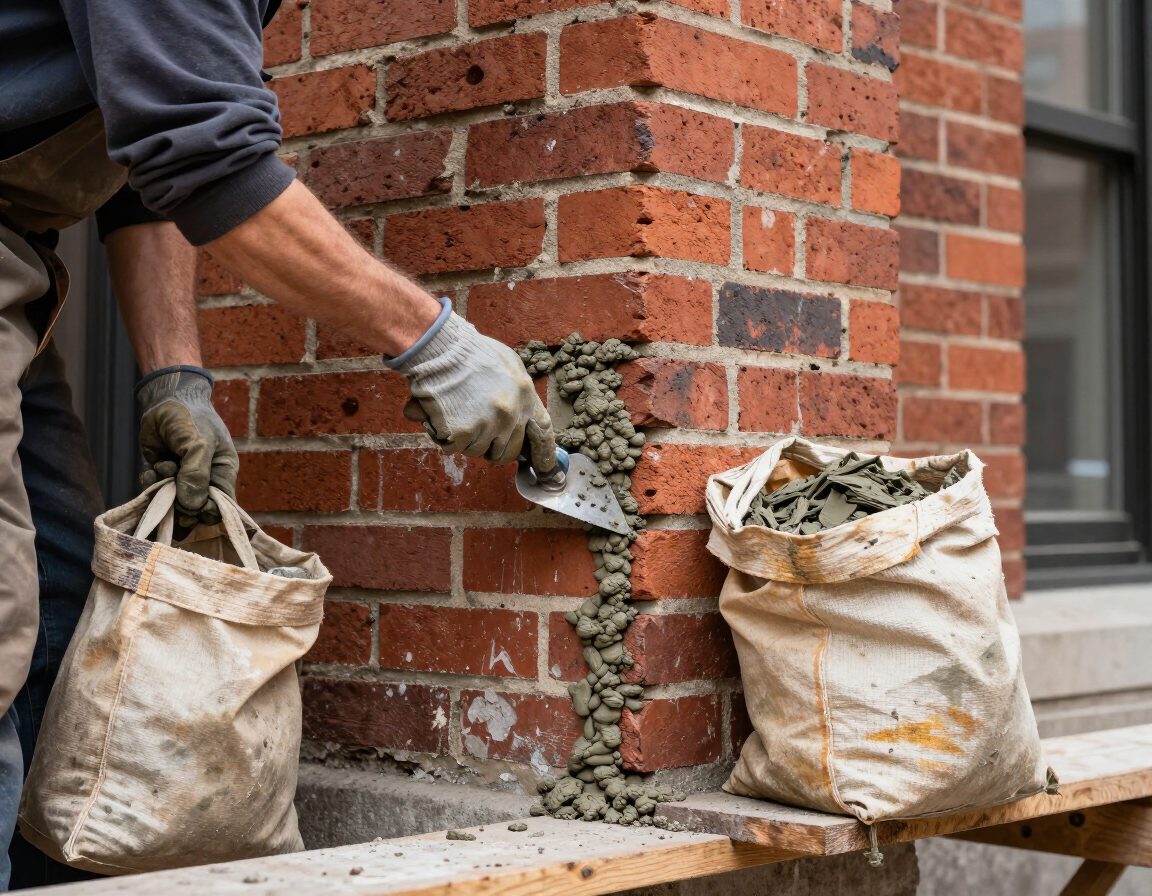 Mason repointing brick mortar joints on a commercial building facade